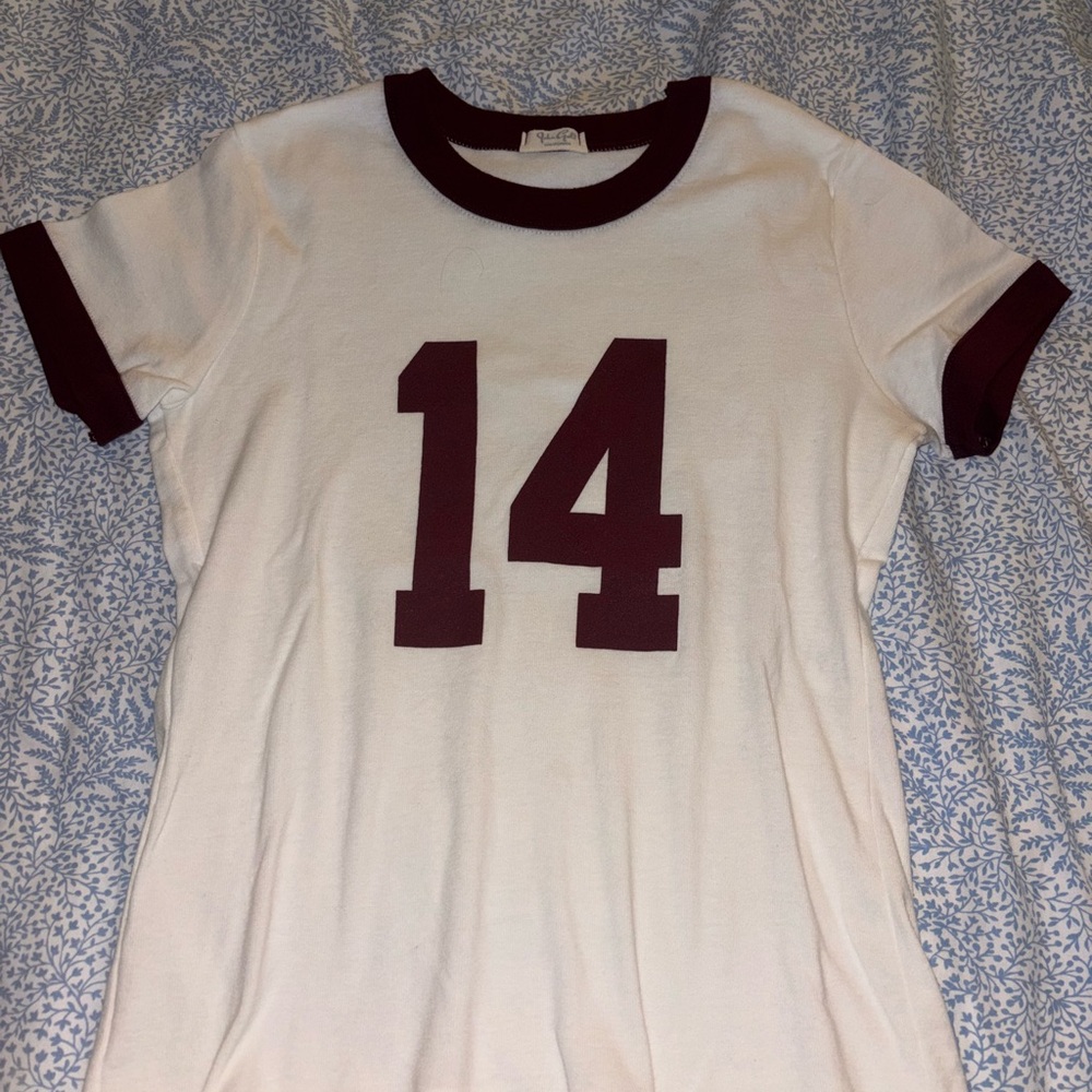 Brandy Melville White and Burgundy Number Tee